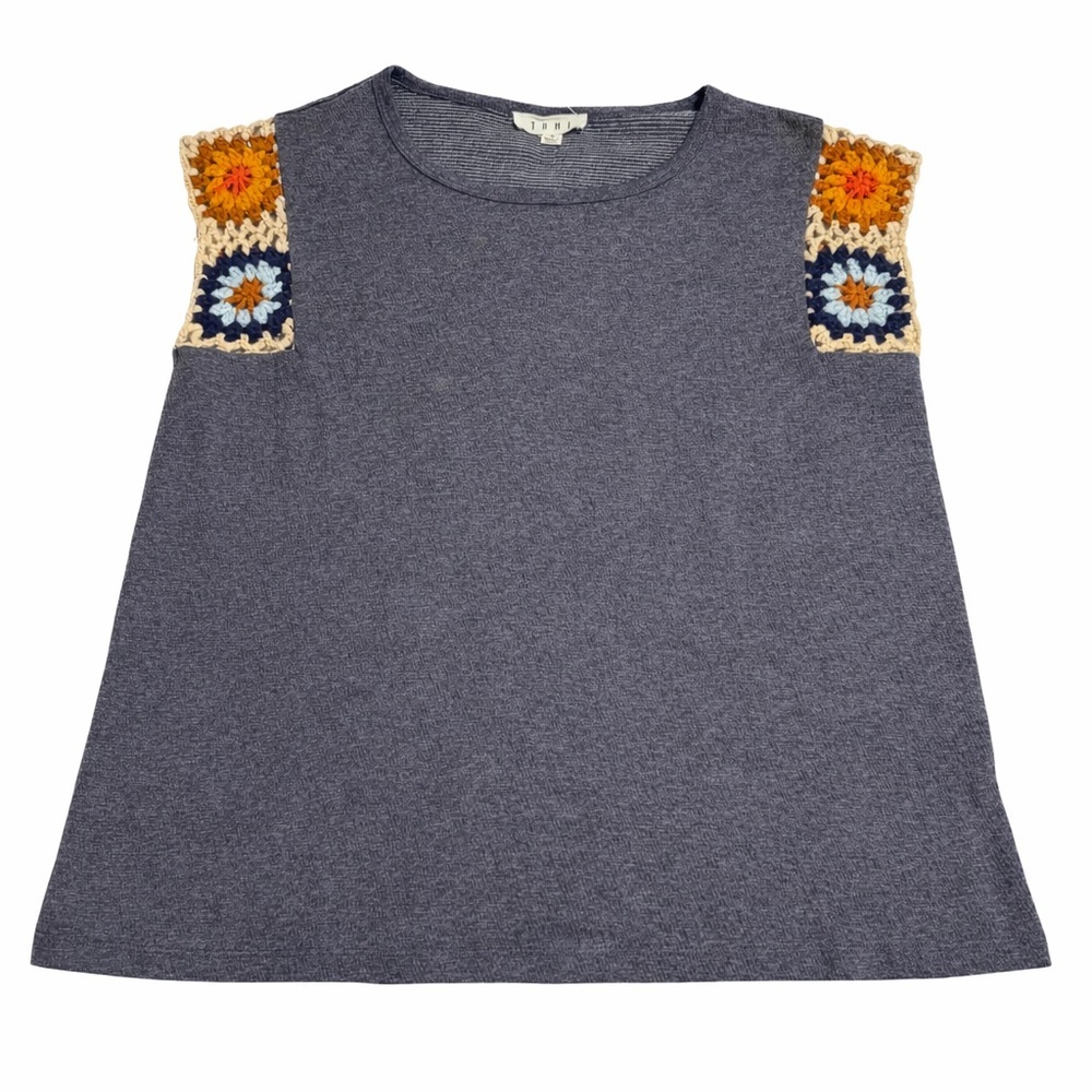 THML Charcoal Blue Gray Crochet Shoulder Top Small Boho Granny Square Knit